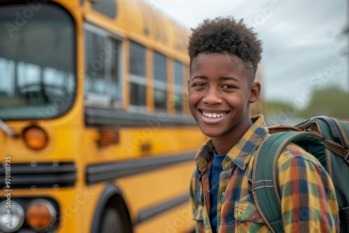 happy teen african american schoolboy looking at camera in front of school bus