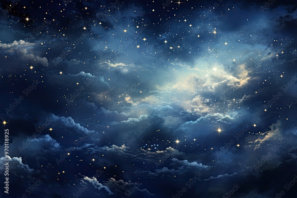 Fototapeta premium A serene night sky filled with twinkling stars and wispy clouds.