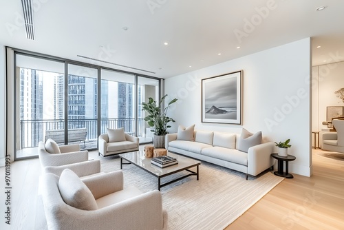 Modern living room with white furniture, a rug, a coffee table, and a large window overlooking a city skyline.