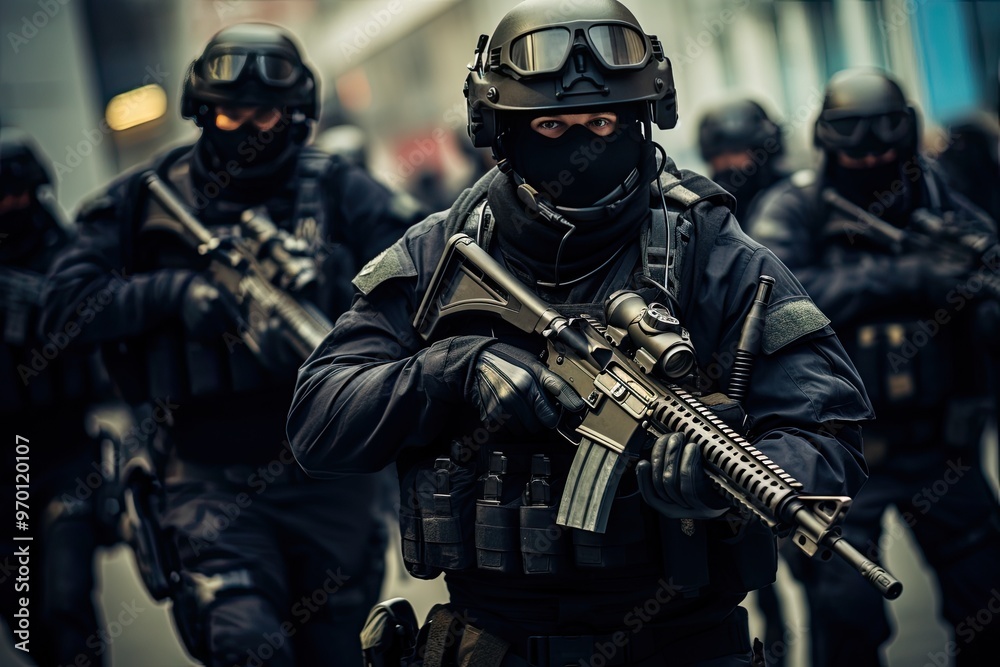 SWAT team with guns and masks walking down a street during a high-risk operation. SWAT team with guns and masks walking down a street during a high-risk operation.