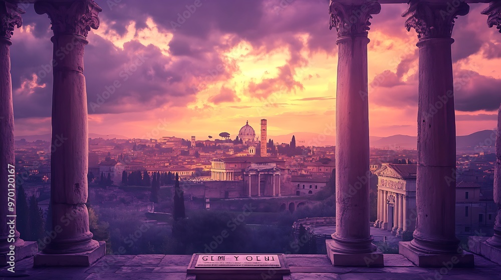 Fototapeta premium Purple Sunset Over Ancient City with Columns in Foreground