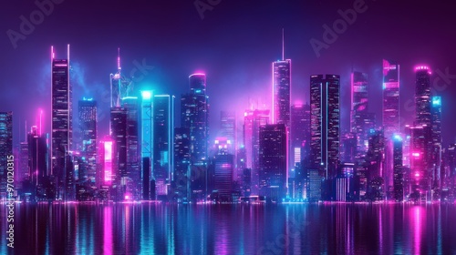 Wallpaper Mural Nighttime Cityscape with Neon Lights Reflecting in Water Torontodigital.ca