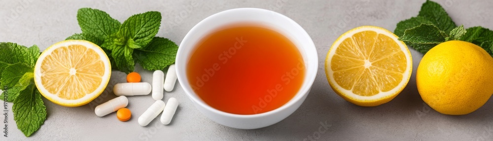 A cup of herbal tea surrounded by fresh lemon halves, mint leaves, and various health supplements, representing a natural wellness and immune-boosting setup A cup of herbal tea surrounded by fresh lemon halves, mint leaves, and various health supplements, representing a natural wellness and immune-boosting setup