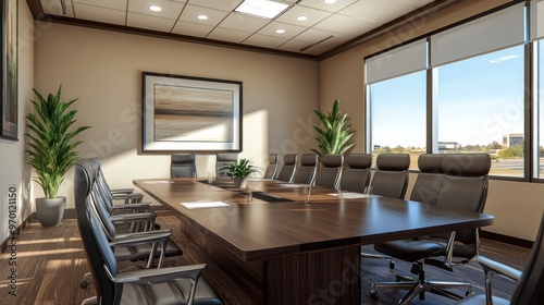 Wallpaper Mural Modern Conference Room with Large Windows and Wooden Table Torontodigital.ca