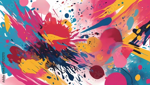 An abstract painting with freeform strokes, striking colors, and spontaneous, energetic elements photo