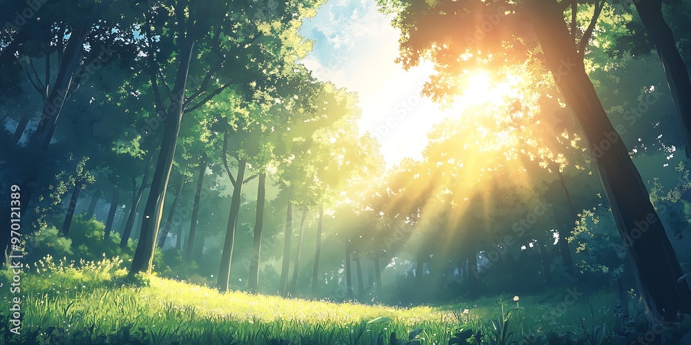 Fototapeta premium Sunbeams through the Trees in a Lush Forest