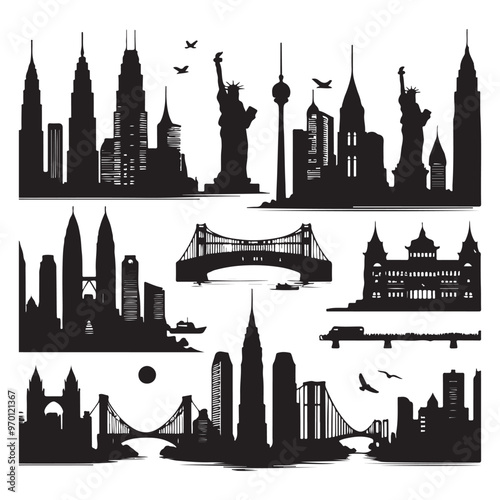 Set of skyline silhouettes isolated on a white background, Vector illustration.