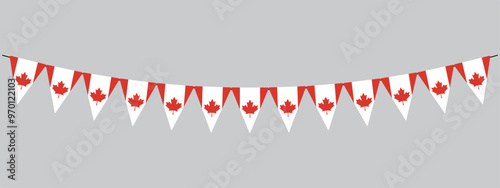 Canada Day banner, bunting garland, string of triangular pennants with red maple leaf, vector design element