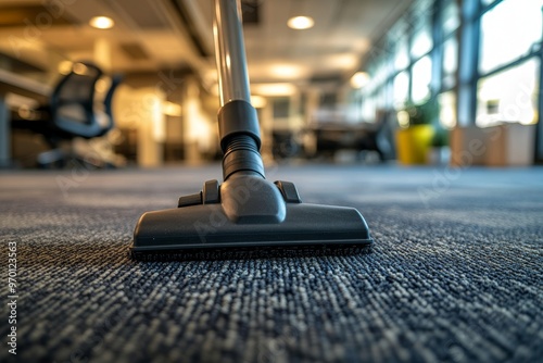 Professional cleaners using industrial vacuum for office carpet care and expert sanitation services photo