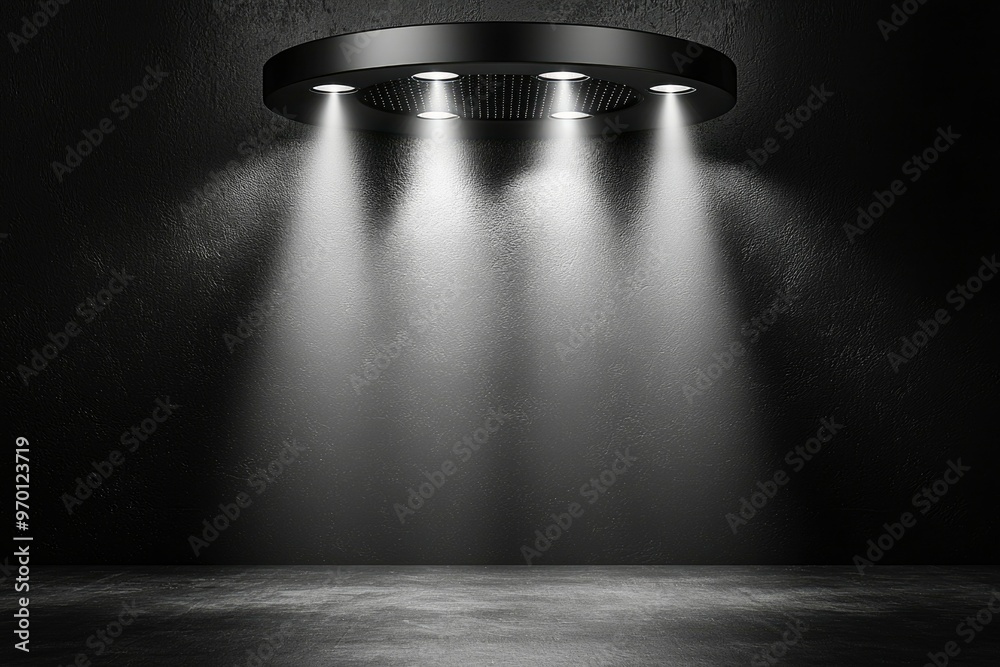 Obraz premium Black Circular Ceiling Light with Three Beams Illuminating a Dark Room