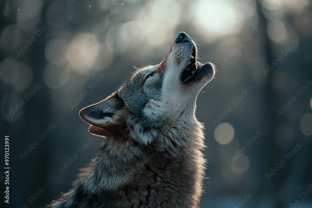 Naklejka premium A solitary wolf captured in mid-howl amidst a twilight forest. The scene embodies a sense of mystery and the untamed spirit of the wilderness.