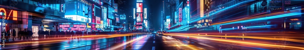 Busy street at night illuminated by neon lights, with blurred car lights creating a dynamic urban scene. Free copy space for banner. Busy street at night illuminated by neon lights, with blurred car lights creating a dynamic urban scene. Free copy space for banner.