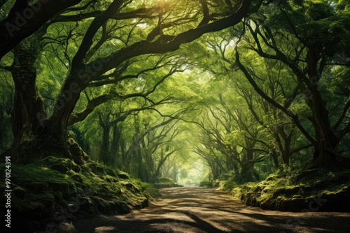 A green forest with trees and plants background with sunlight photo