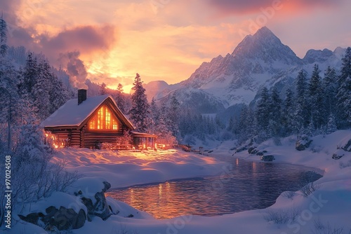 A cottage in a snowy mountain, a river in front of it, winter wonderland art painting