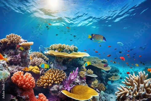 A vibrant coral reef teeming with colorful fish and corals, Underwater paradise colorful fish and corals in a coral reef. photo