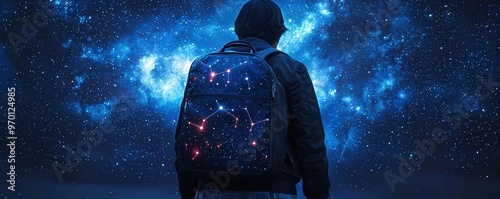 A sleek, celestial-themed backpack featuring glowing constellations, perfect for educational exploration and travel, with a cosmic background symbolizing boundless creativity. photo