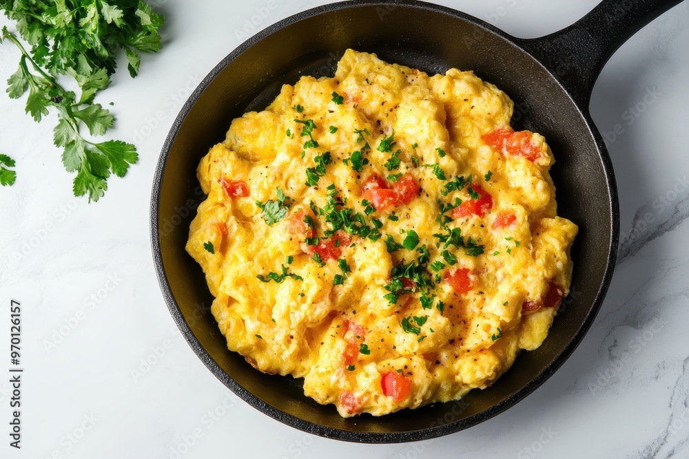 Mexican recipes Scrambled Eggs served in skillet on marble table with copy space Mexican recipes Scrambled Eggs served in skillet on marble table with copy space
