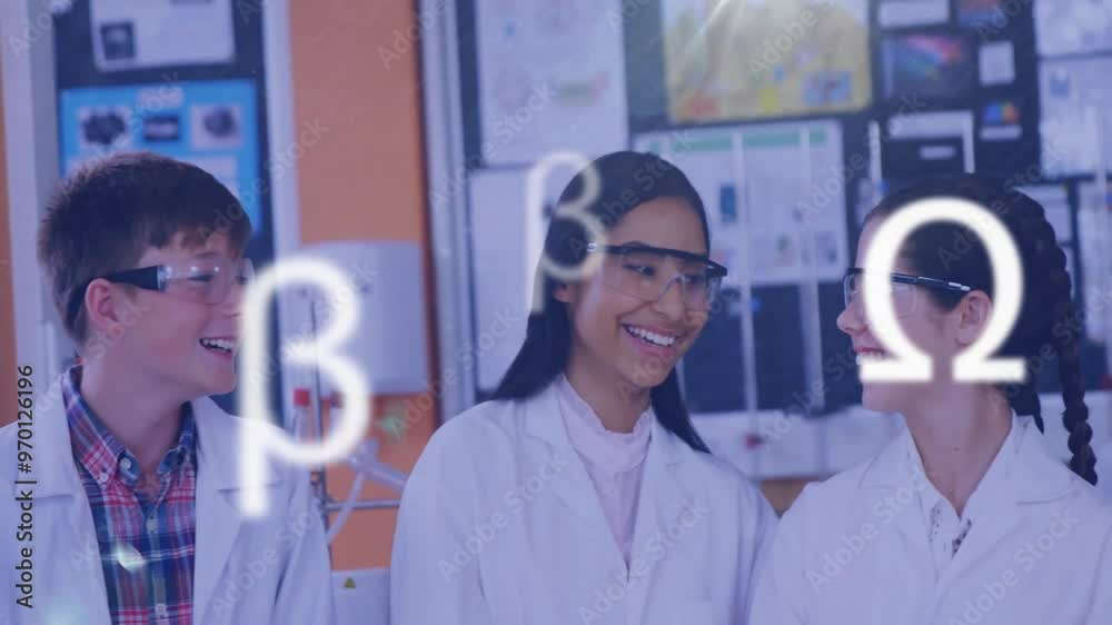 Animation of scientific data processing over diverse children scientists in laboratory Animation of scientific data processing over diverse children scientists in laboratory