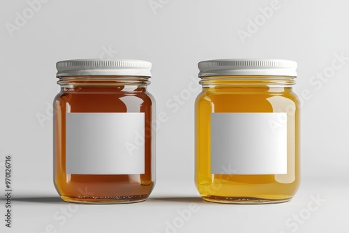 Mockup of honey jars with blank labels in two colors photo