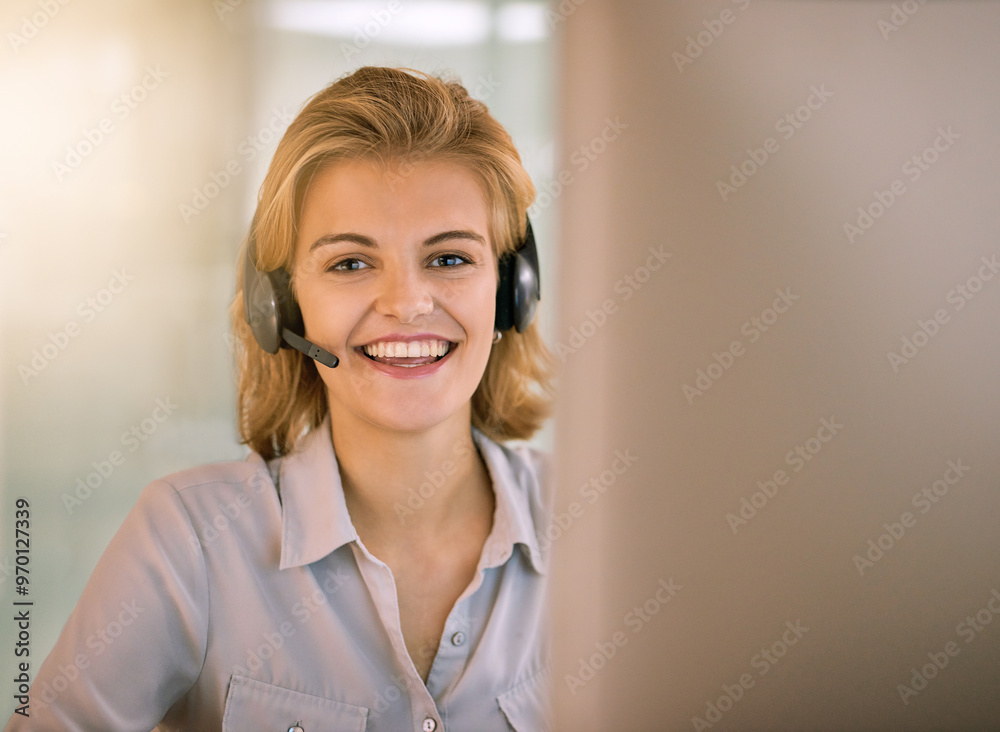Computer, customer service and portrait of consultant woman in office for advice, help or lead generation. Call center, face and smile of happy employee in headset at workplace for contact or support Computer, customer service and portrait of consultant woman in office for advice, help or lead generation. Call center, face and smile of happy employee in headset at workplace for contact or support
