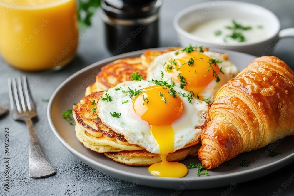 Morning meal featuring croissants pancakes and eggs Benedict Morning meal featuring croissants pancakes and eggs Benedict