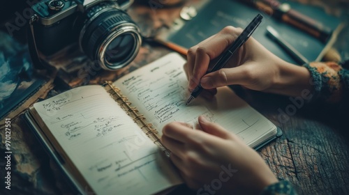 Person writing in a notebook with a pen and an old camera beside them photo