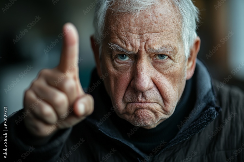 A senior man with a furious expression, pointing forward with a stern gaze. His tight-lipped face and sharply focused eyes emphasize strong emotions and age. A senior man with a furious expression, pointing forward with a stern gaze. His tight-lipped face and sharply focused eyes emphasize strong emotions and age.