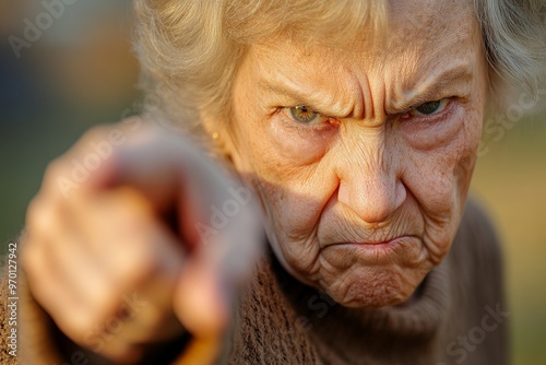 An older woman with a fierce and determined expression pointing directly at the camera, evoking a sense of authority or seriousness in a close-up outdoor shot.
