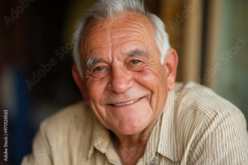 An elderly man with a warm and genuine smile, conveying happiness and positivity, suggesting a moment of joy, friendliness or contentment in his elderly years.