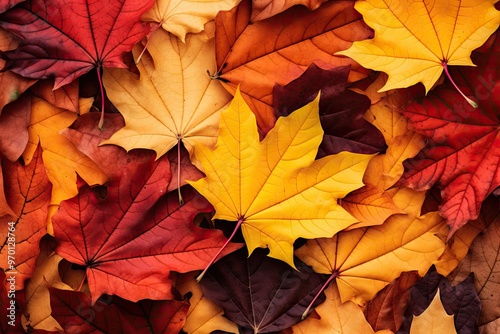 Autumn leaves background with vibrant red, orange, and yellow leaves scattered on the ground.