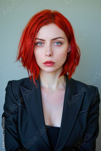 A woman with red hair and a black jacket