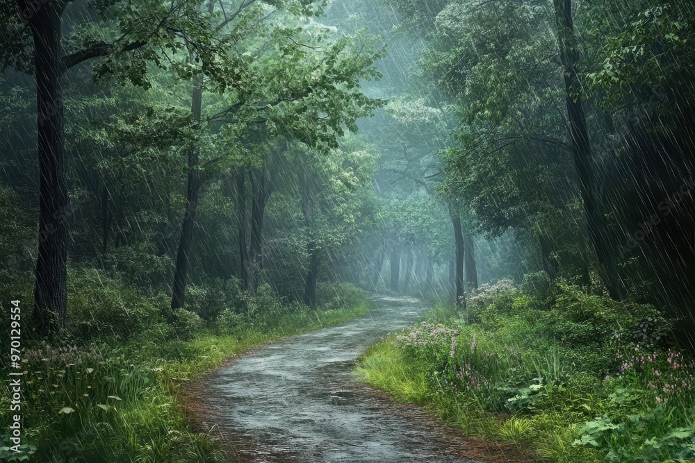 Fototapeta premium Rain fell softly on the idyllic forest path like a wallpaper