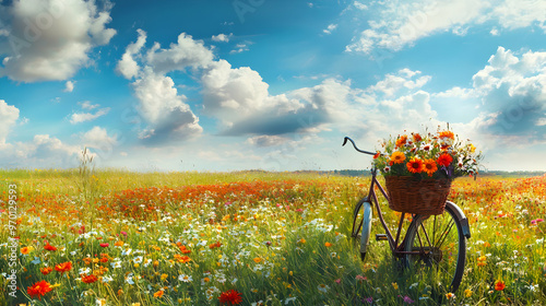 A bicycle with a basket full of flowers stands in a field of wildflowers under a blue sky with white clouds.