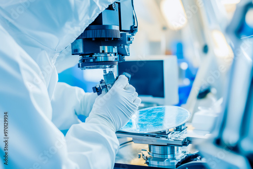 A scientist is working on a piece of equipment with a blue background