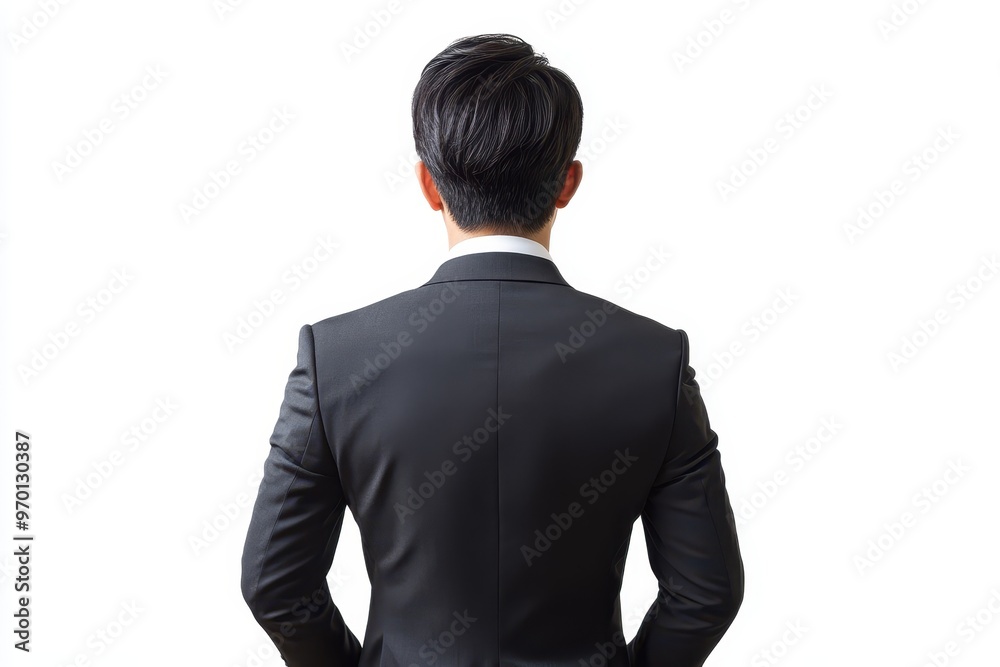 Rear view of thoughtful young Asian businessman in studio on white background Rear view of thoughtful young Asian businessman in studio on white background