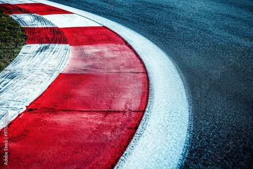 Red and white curb on a racing track close up with tire tracks
