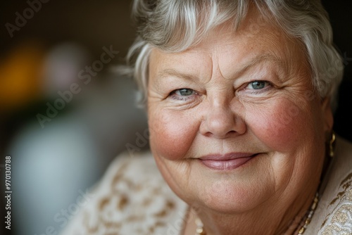 An elderly woman with short gray hair and a soft, elegant smile poses for a close-up portrait. Her expressive eyes and content expression convey wisdom and grace.