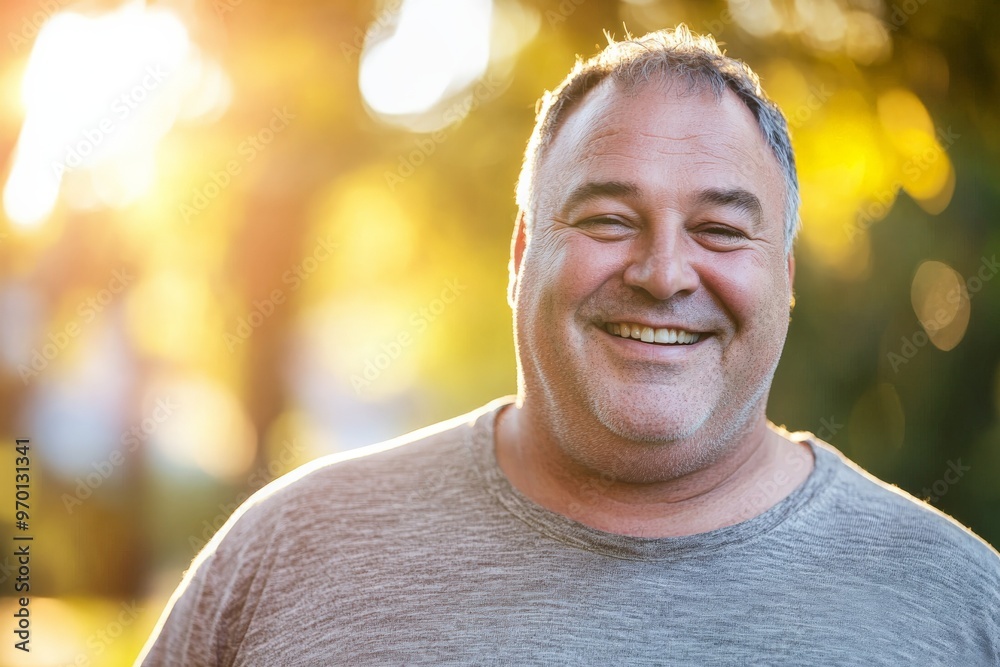 A cheerful man stands in an outdoor setting, bathed in warm natural light, giving a big smile while wearing a casual grey shirt, capturing joy and contentment. A cheerful man stands in an outdoor setting, bathed in warm natural light, giving a big smile while wearing a casual grey shirt, capturing joy and contentment.