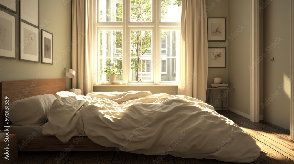 A Bed with White Sheets and a Wooden Headboard in a Room with a Window A Bed with White Sheets and a Wooden Headboard in a Room with a Window