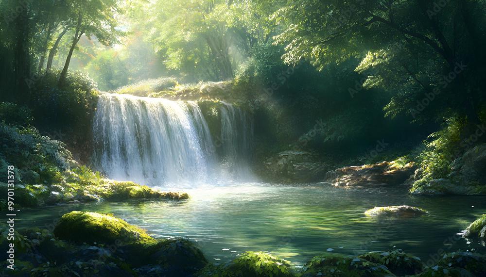 Tranquil waterfall cascading into a serene pool surrounded by lush greenery.