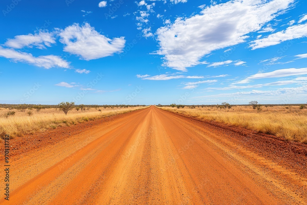 Naklejka premium Red dirt road view in rural New South Wales Australia under blue sky