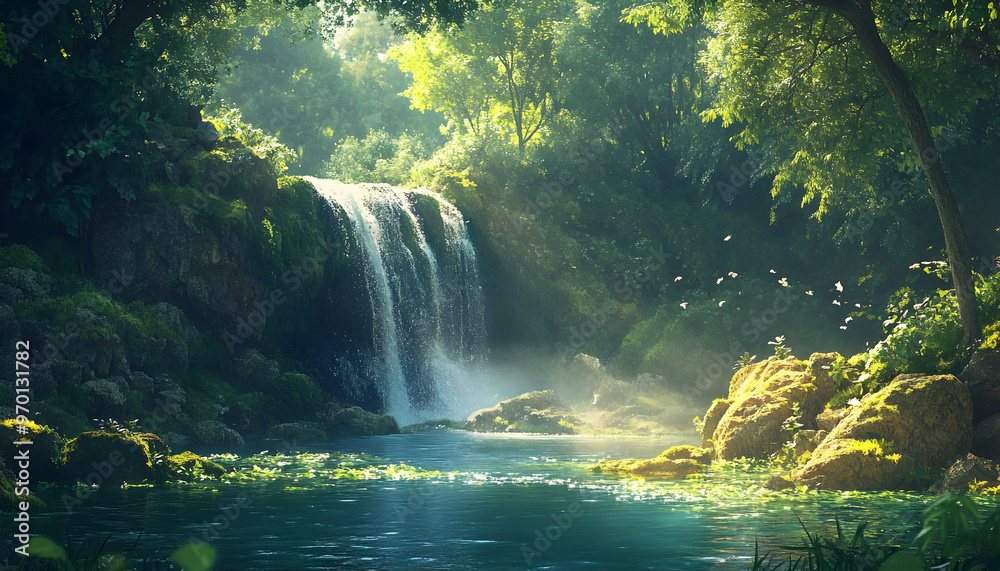 Lush green forest with cascading waterfall and serene blue water. Lush green forest with cascading waterfall and serene blue water.