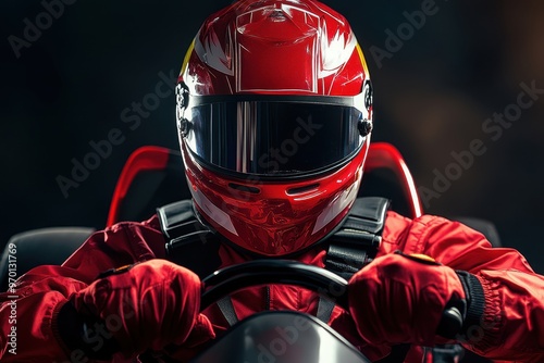 Red go kart racer in uniform with gloves and helmet