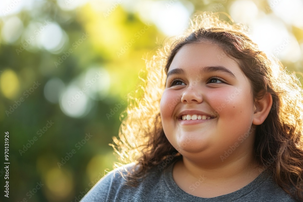 A young girl with curly hair, bathed in warm sunlight, stands outdoors smiling earnestly, evoking feelings of innocence and joy in a verdant, sunlit setting. A young girl with curly hair, bathed in warm sunlight, stands outdoors smiling earnestly, evoking feelings of innocence and joy in a verdant, sunlit setting.