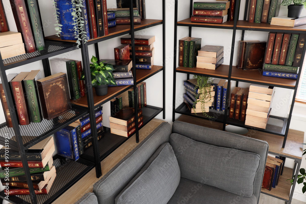 Modern shelving unit with books in home library Modern shelving unit with books in home library
