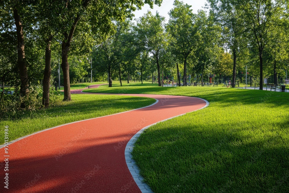 Fototapeta premium Red jogging track in park sunny day grass