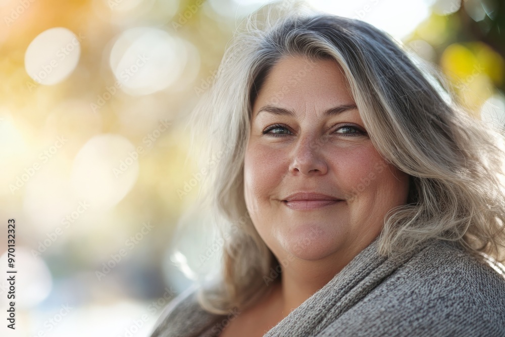 A cheerful woman with long grey hair, standing outdoors with soft sunlight in the background, radiating happiness and calmness in a peaceful, natural setting. A cheerful woman with long grey hair, standing outdoors with soft sunlight in the background, radiating happiness and calmness in a peaceful, natural setting.