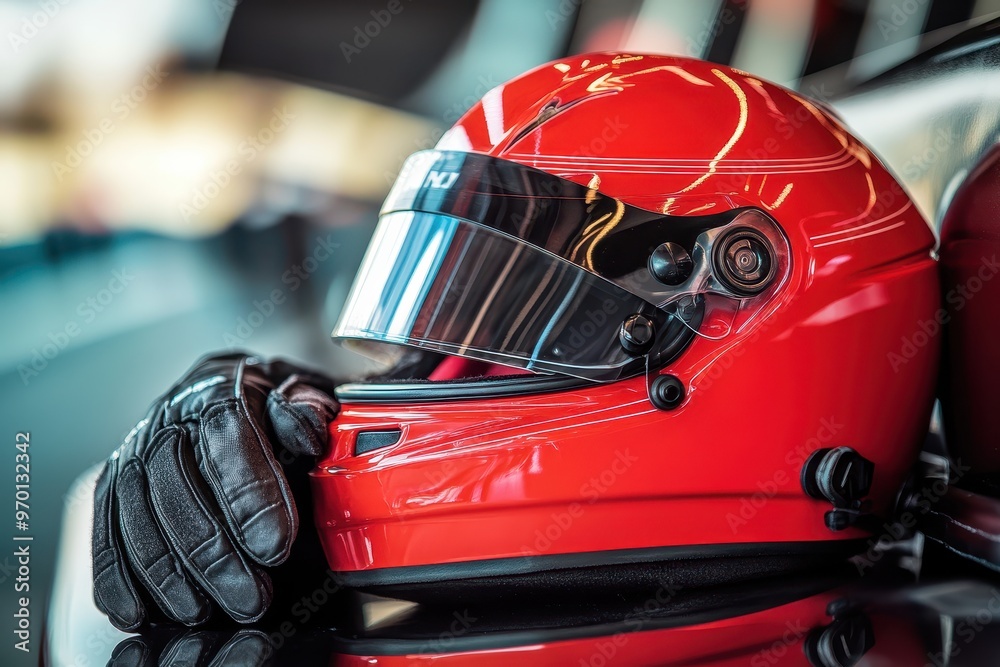 Fototapeta premium Red racing helmet and gloves for car driving
