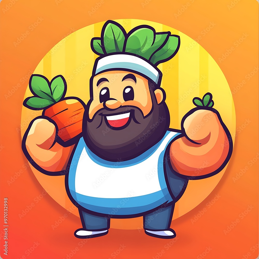 Obraz premium Cartoon Illustration of a Healthy Man Holding a Carrot