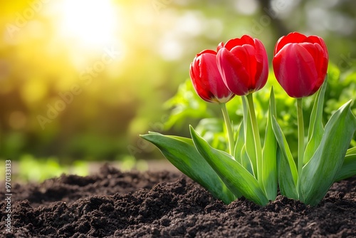 Close-up of vibrant tulip bulbs sprouting from soil #970133133